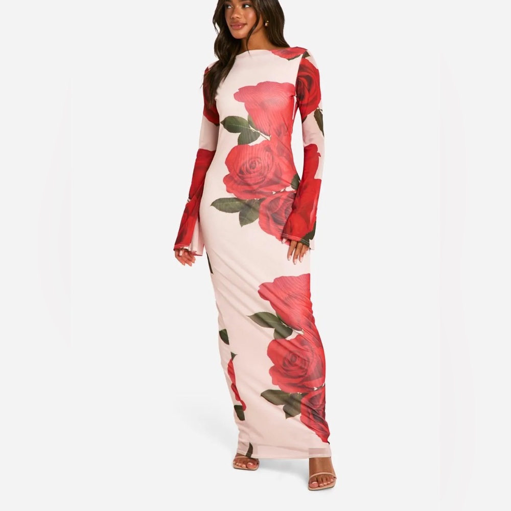 Boohoo 
Boat Neck Rose Mesh Print Flare Sleeve Maxi Dress